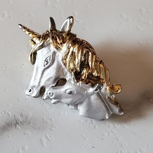 Silver Gray & Gold Unicorn Pegasus Brooch Pin Vintage